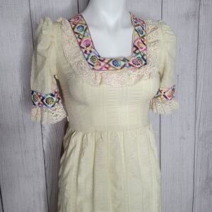 Vintage Rainbow Embroidered Prairie Edwardian Cream Maxi Dress, size 5